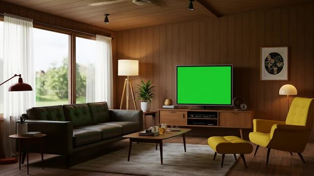 Cozy mid century modern living room interior with green screen tv