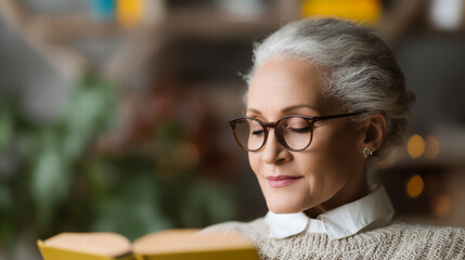 Senior woman with gray hair and glasses reading a book at home..