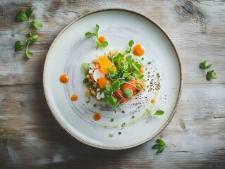 Artfully Arranged Vegan Fine Dining Meal Seen from a Top Angle, fresh vegetable salad