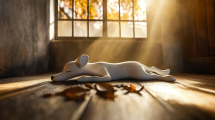 Minimalist sculpture of sleeping dog on wooden floor bathed in warm sunlight