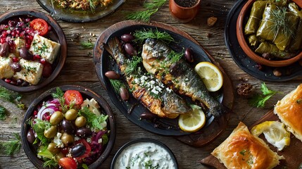 Delicious Greek Feast Mediterranean Food Platter Grilled Fish Olives Lemon Feta Cheese Salad Dolmades Baklava Authentic Cuisine Traditional Recipe Homemade Dinner Party Table      