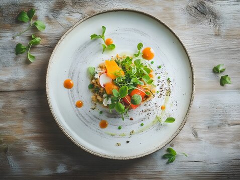Artfully Arranged Vegan Fine Dining Meal Seen from a Top Angle, fresh vegetable salad