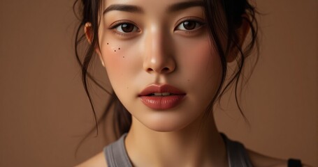 Skincare branding visual young woman in simple tanktop showcases dewy complexion in earthy brown studio advertising content