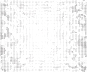 Abstract halftone seamless camouflage pattern. Repeating digital dotted hexagonal camo military texture background. Abstract modern fabric textile ornament. Vector illustration.