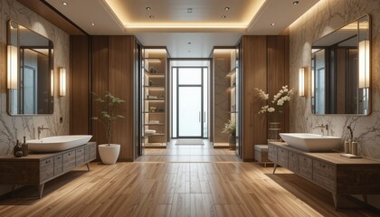Obraz premium Symmetrical bathroom showcases wooden floors, vanities, and marble walls in a serene atmosphere.
