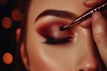 Professional makeup application focuses on a model's stunning eye makeup using warm tones and glittery accents in a dimly lit setting
