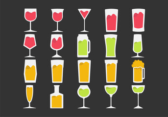 Flat Drink Glass Icons Element Set