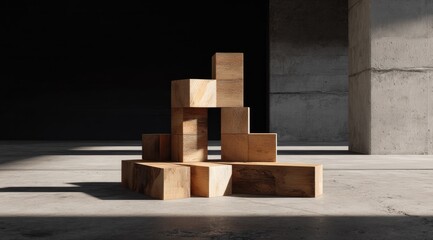 Wooden blocks arranged in an abstract display