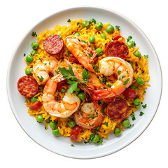 Colorful Paella with Shrimp, Saffron Rice, Peas, and Chorizo