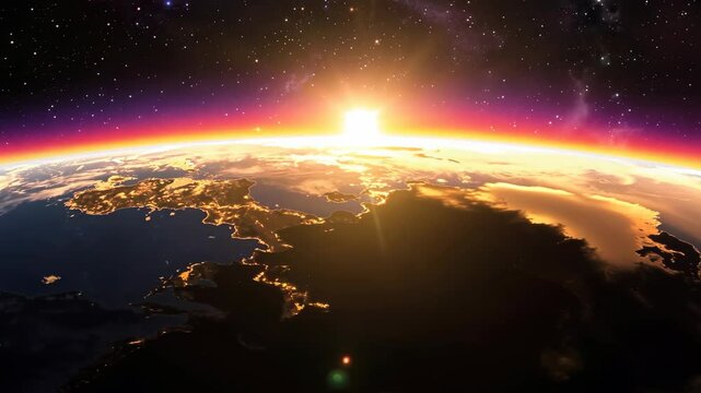 Glorious sunrise over earth with orbiting view highlighting atmosphere and cosmic beauty