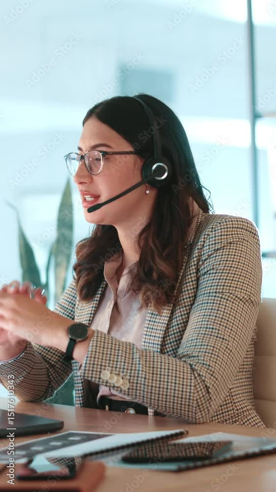 Poster financial advisor, woman and talking in call center for customer service chat, sales consulting or l