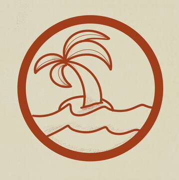 Illustration of a palm tree on an island with waves in a circular logo design