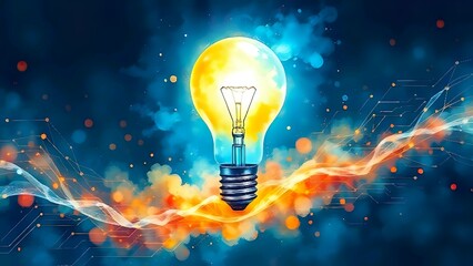 Vibrant Light Bulb with Blue and Orange Flames on Dark Background