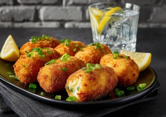 Golden-brown, crispy fried snacks, possibly potato-based, are artfully arranged on a dark plate, garnished with fresh green onions and lemon wedges. 