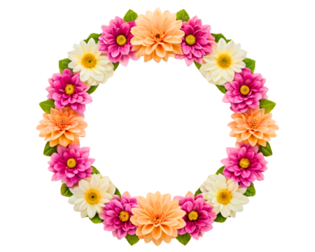 Colorful Floral Wreath with Pink Orange and White Blooms on a transparent background