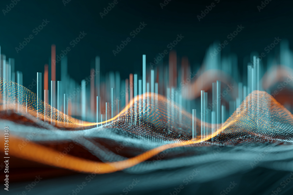 Poster abstract 3d rendering of a data landscape with teal and orange glowing particles and bars, visualizi