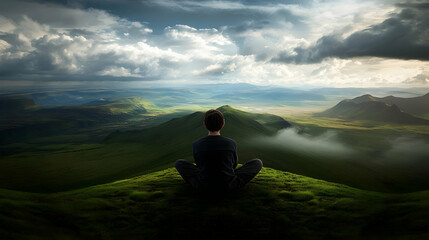 Person Meditating On Mountaintop Overlooking Valley Landscape