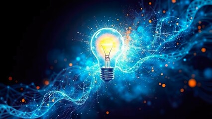 Sparkling Light Bulb Surrounded by Blue Energy Waves and Digital Patterns