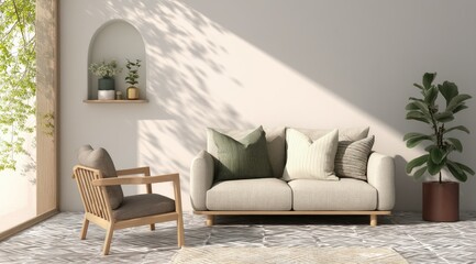 Serene living room with minimalist furniture, natural light streaming through a window, casting shadows on a neutral wall.  A small niche holds plants