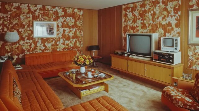 Vintage Living Room Interior Design of the 1970s with Floral Wallpaper and Orange Furniture