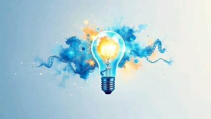 Bright Light Bulb with Blue and Orange Swirls on a Soft Background