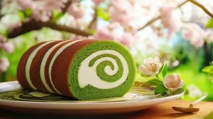 Matcha Roll Cake with Cream Filling on Decorative Plate Against Cherry Blossoms in Spring