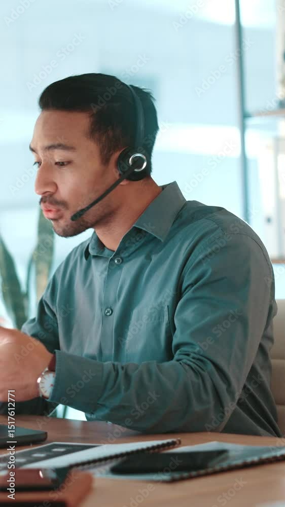 Poster financial advisor, asian man and explain in call center for customer service, sales consulting or lo