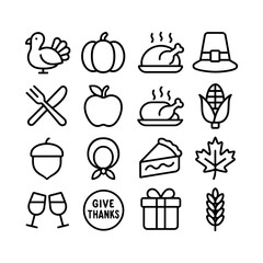 Outline Simple Thanksgiving Celebration Element Icon Set Collection Minimalist Style