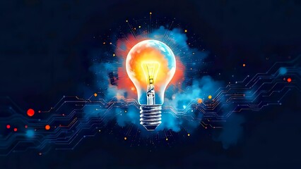 Illuminated Light Bulb Surrounded by Colorful Digital Effects and Patterns