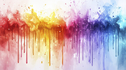 Fototapeta premium Dripping watercolor paint streaks down the canvas in bright, blended hues with artistic splatters