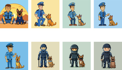 Cartoon Policemen And Police Dog Illustrations For Law Enforcement Themed Concepts