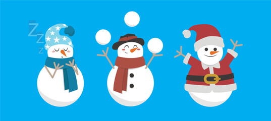 Set of snowmen with hat and gloves