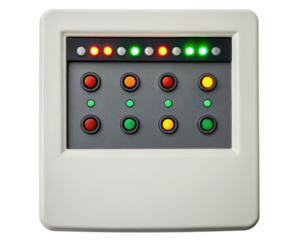 Electronic Control Panel with LED Indicators and Push Buttons on a transparent background