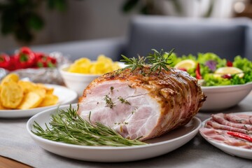 Roasted pork loin garnished with rosemary, served with roasted potatoes, pasta salad, and sliced ham.  A festive meal setting is implied