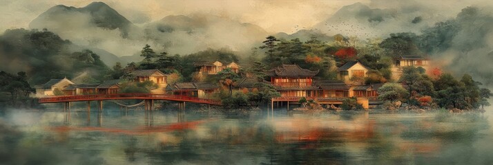 Landscape painting featuring buildings trees and mountains reflected in water.