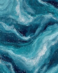 Obraz premium Transparent watercolor waves in dark blue and teal tones, abstract liquid flow with dynamic white splash details, seamless pattern design for luxury brand aesthetic with flowing texture