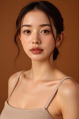 Clean beauty campaign image glowing skin emphasized on confident woman wearing tanktop against warm neutral studio backdrop