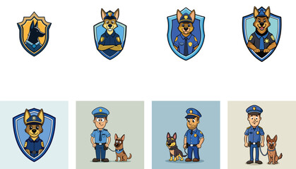 Cartoon Police Dog Character Set Featuring Officers Canine Cops Vector Illustrations