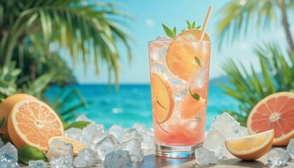 Obraz premium refreshing grapefruit drink with ice and mint in tropical beach setting under clear blue sky with palm trees and ocean view 
