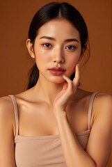 Clean beauty campaign image glowing skin emphasized on confident woman wearing tanktop against warm neutral studio backdrop