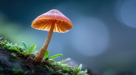 A single, vibrant orange mushroom with delicate gills stands prominently against a softly blurred background of muted blues and greens, nestled amongst verdant moss on a dark, textured surface