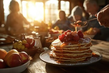 Multigenerational family enjoying delicious pancakes together cozy kitchen food photography warm atmosphere intimate gathering joyful moments