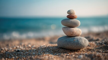 Stacked stones on a sandy beach with a blurred ocean background.  The image evokes serenity and balance