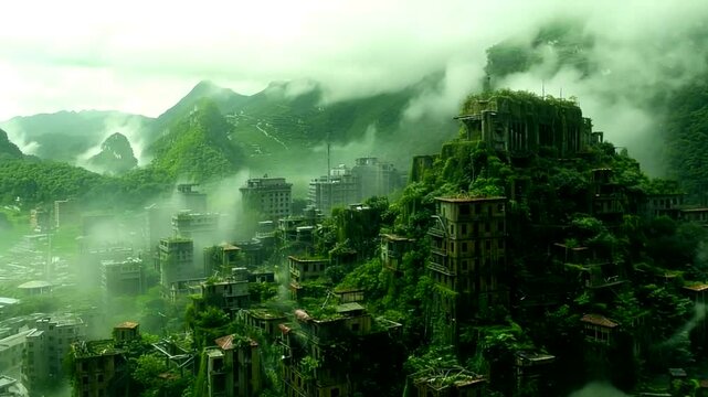 Ruined city overtaken by lush green vegetation.  Misty mountains in background