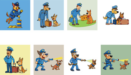 Cartoon Police Dog Characters In Varied Poses For Design And Animation Projects