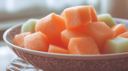 Close-up of a bowl filled with cubed cantaloupe and honeydew melon, showcasing their vibrant colors and textures.  The shallow depth of field focuses on the fruit