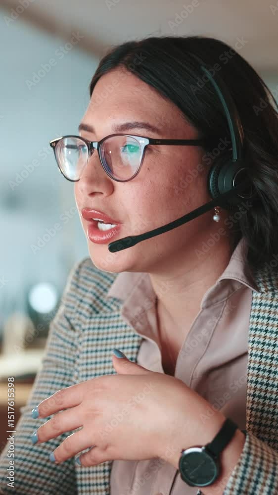 Poster agent, woman and talking on computer for customer service chat, sales consulting and loan help. faq,