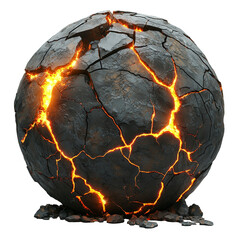 A cracked stone sphere with glowing orange fissures against a plain black background in a studio shot isolated on transparent background
