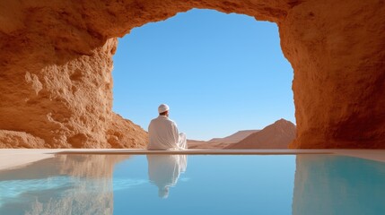 Meditative reflection by pool in desert cave serene landscape nature