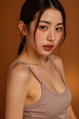Professional beauty photography female model in white tanktop highlights radiant complexion in cozy brown studio setting